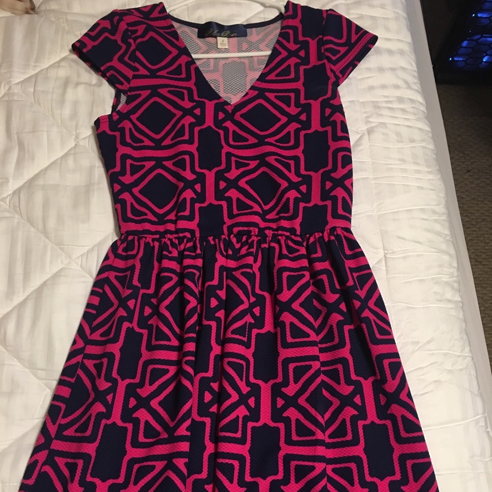Pink and navy dress with Aztec print